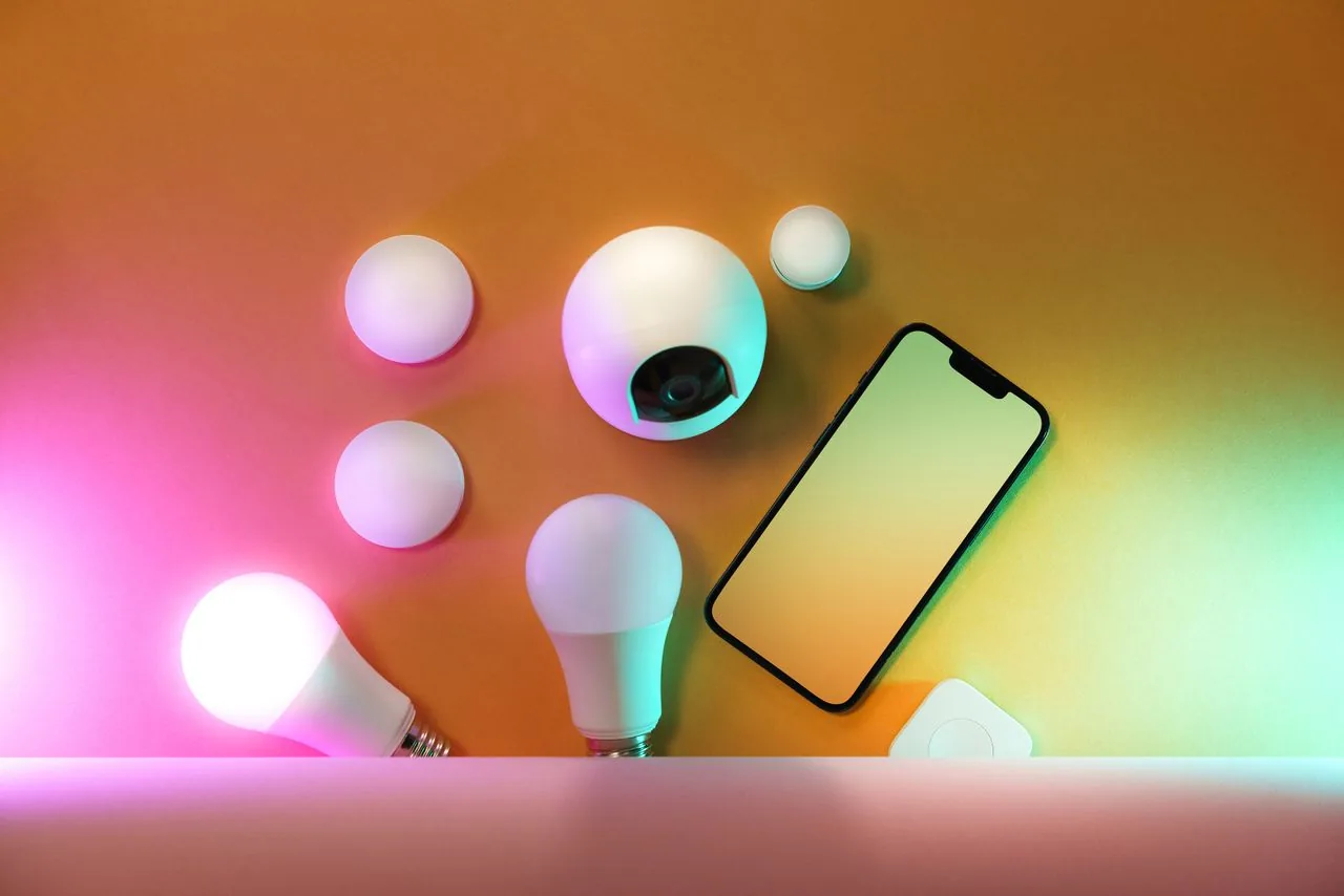 Smartfon ze sterowaniem urządzeniami smart home w jasnym wnętrzu